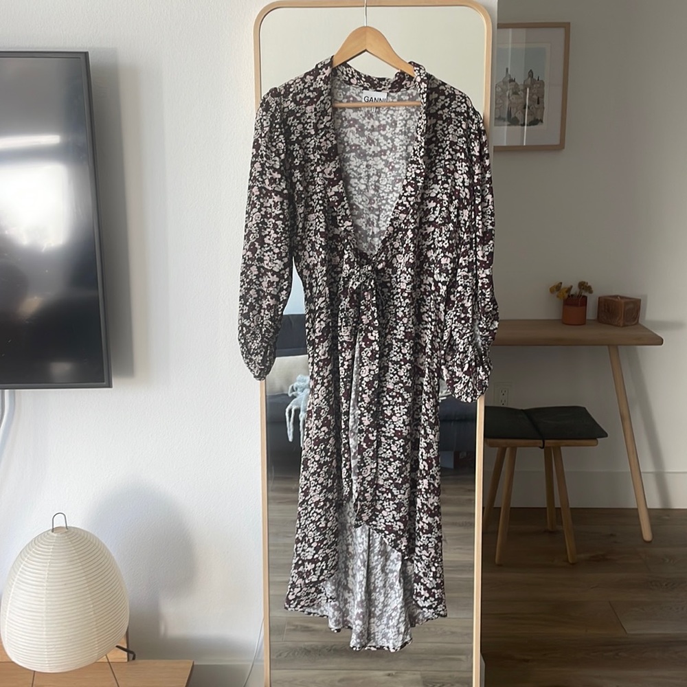 Ganni wrap dress, puffy sleeves